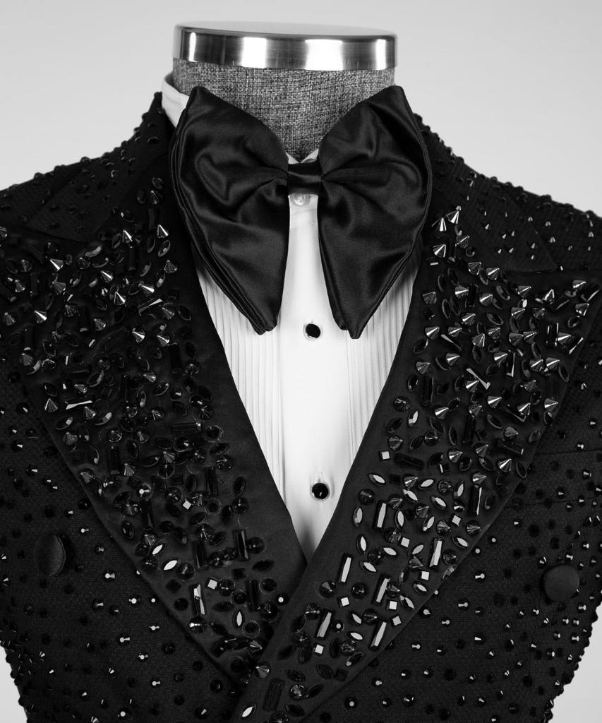 Smoking croisé 2 pièces pour homme, costume, costume, look élégant avec perles argentées, idéal pour mariage, spectacles, bal, célébrations