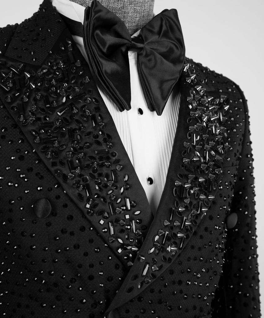 Smoking croisé 2 pièces pour homme, costume, costume, look élégant avec perles argentées, idéal pour mariage, spectacles, bal, célébrations