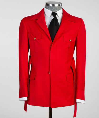 Men's 2 Piece Suit, Red, Belted Design, Costume, Blazer with Pockets