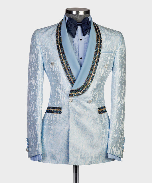 Men's 2 Piece Blue Tuxedo Shiny Jewellery Suit Stoned