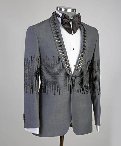 Men's 2 Piece Grey Tuxedo Suit Stone Stitched
