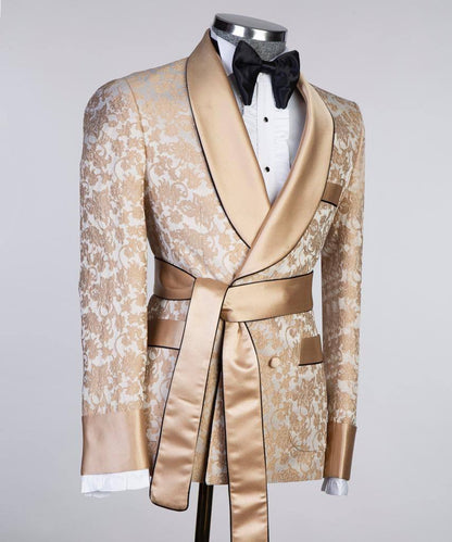 Men's 3 Piece Double Breasted Milky Brown Lace Designed Tuxedo