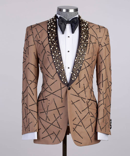 Men's 2 Piece Stone Stitched Brown Tuxedo Suit