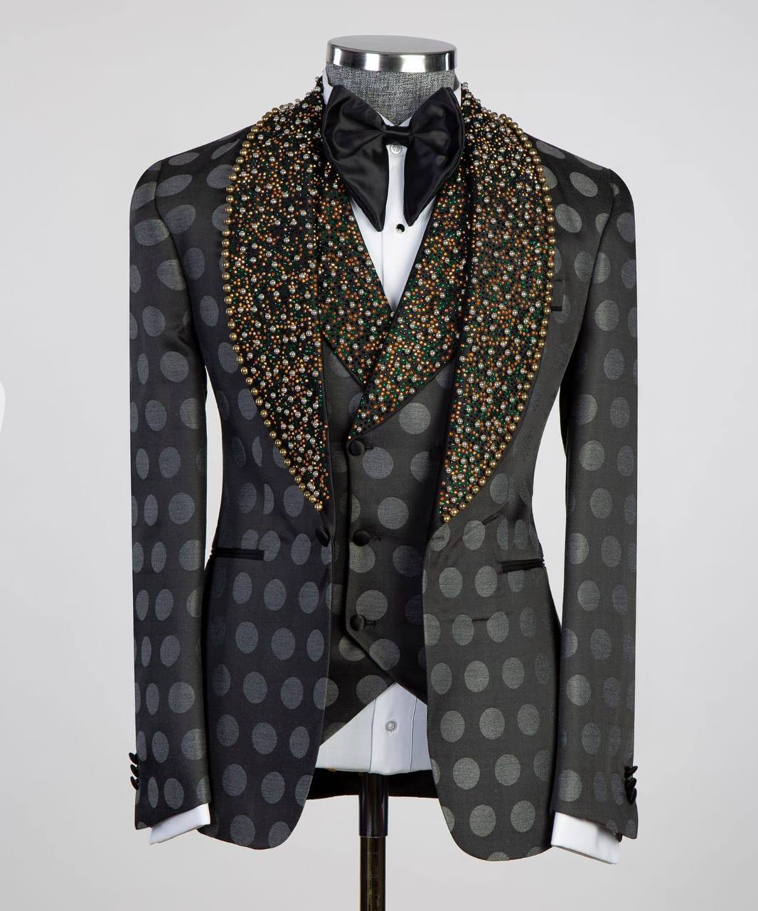 Smoking 3 pièces pour homme, brillant, pierre, costume, motif à pois, noir, perlé, revers châle, idéal pour les mariages, les fêtes, le bal des finissants, les célébrations