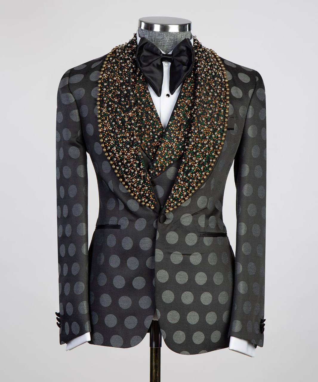 Smoking 3 pièces pour homme, brillant, pierre, costume, motif à pois, noir, perlé, revers châle, idéal pour les mariages, les fêtes, le bal des finissants, les célébrations