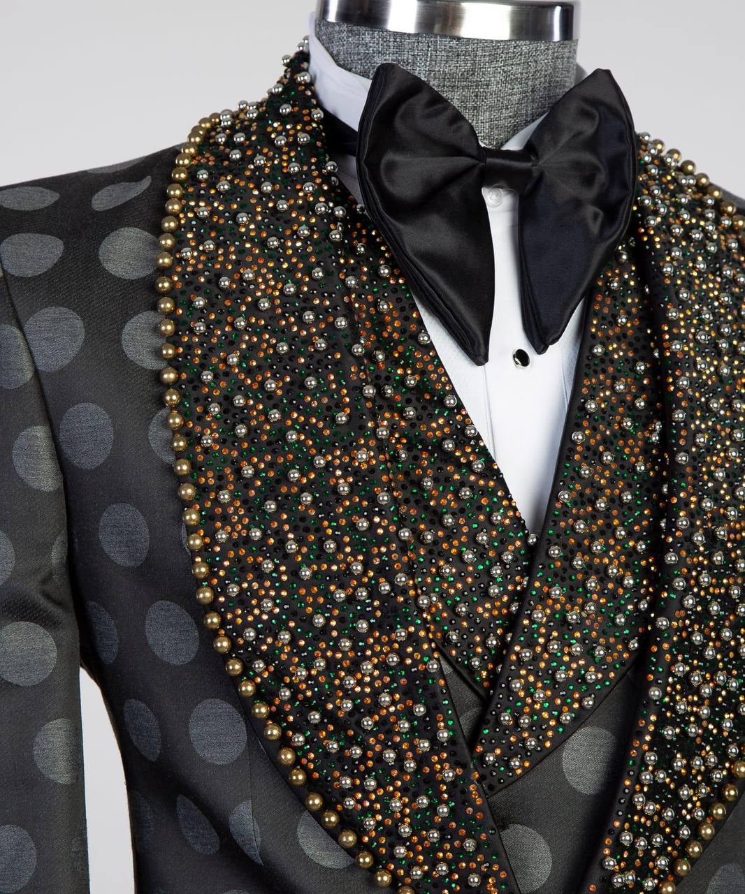 Smoking 3 pièces pour homme, brillant, pierre, costume, motif à pois, noir, perlé, revers châle, idéal pour les mariages, les fêtes, le bal des finissants, les célébrations
