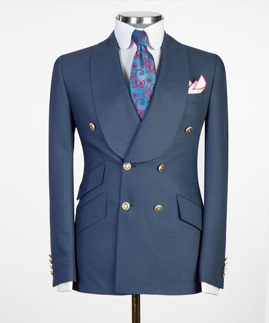 Men's 2 Piece Double Breasted Grey Blue Tuxedo Suit Shawl Lapel