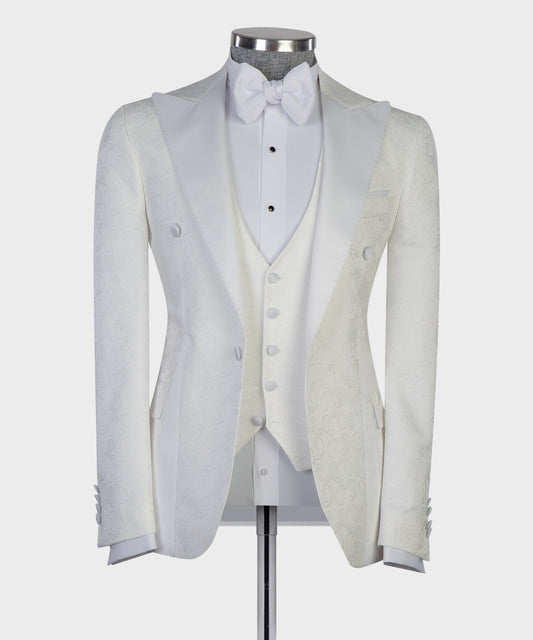 Men's 3 Piece White Tuxedo Suit Peak Lapel