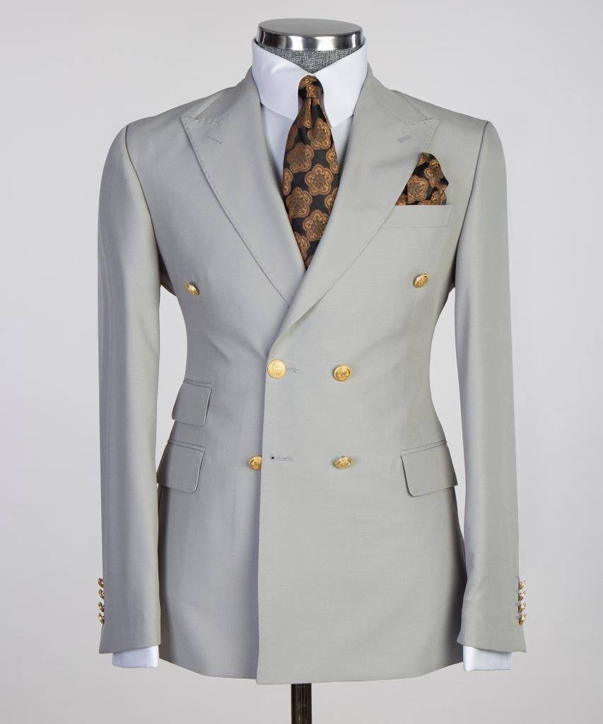 Double Breasted Grey Suit Peak Lapel 2pc