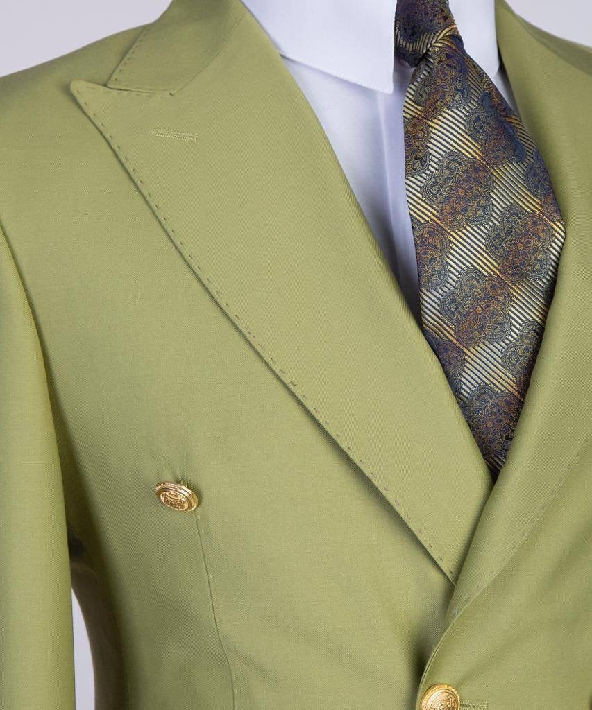 Double Breasted Olive Suit Peak Lapel 2pc