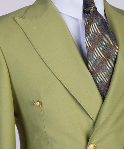 Double Breasted Olive Suit Peak Lapel 2pc