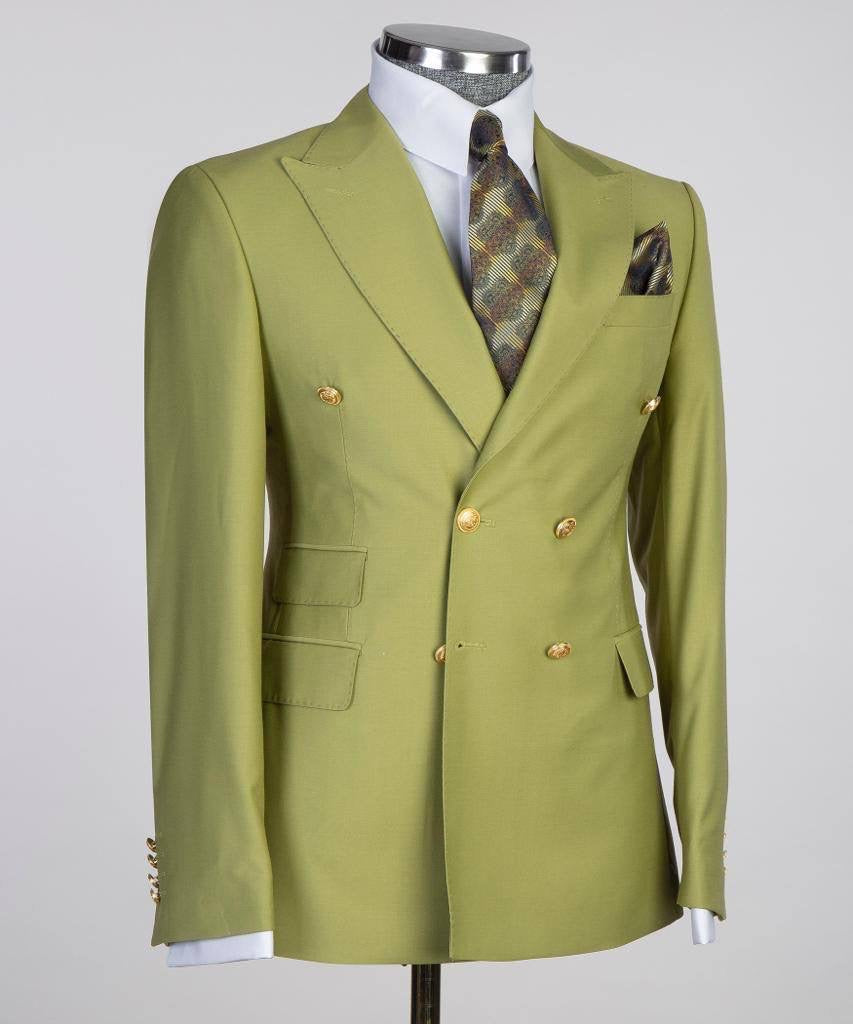 Double Breasted Olive Suit Peak Lapel 2pc
