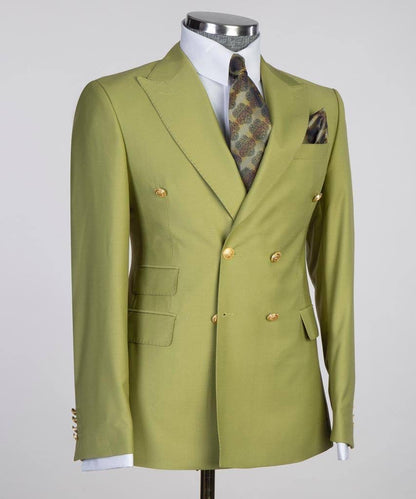 Double Breasted Olive Suit Peak Lapel 2pc