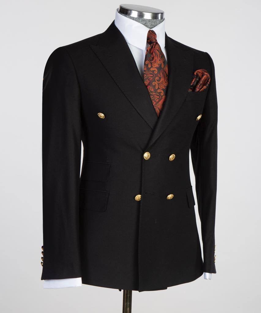 Double Breasted Black Suit Peak Lapel 2pc