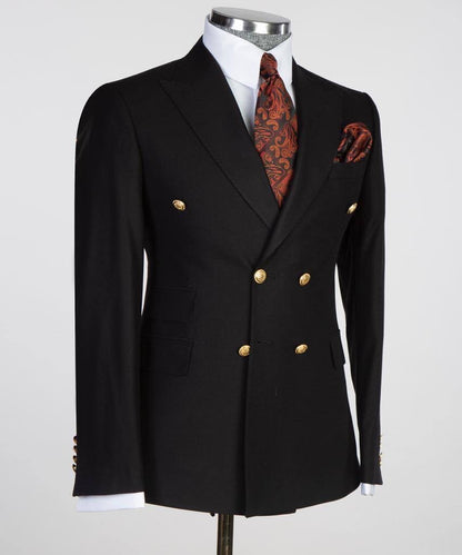 Double Breasted Black Suit Peak Lapel 2pc
