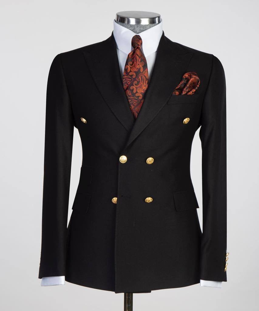 Double Breasted Black Suit Peak Lapel 2pc