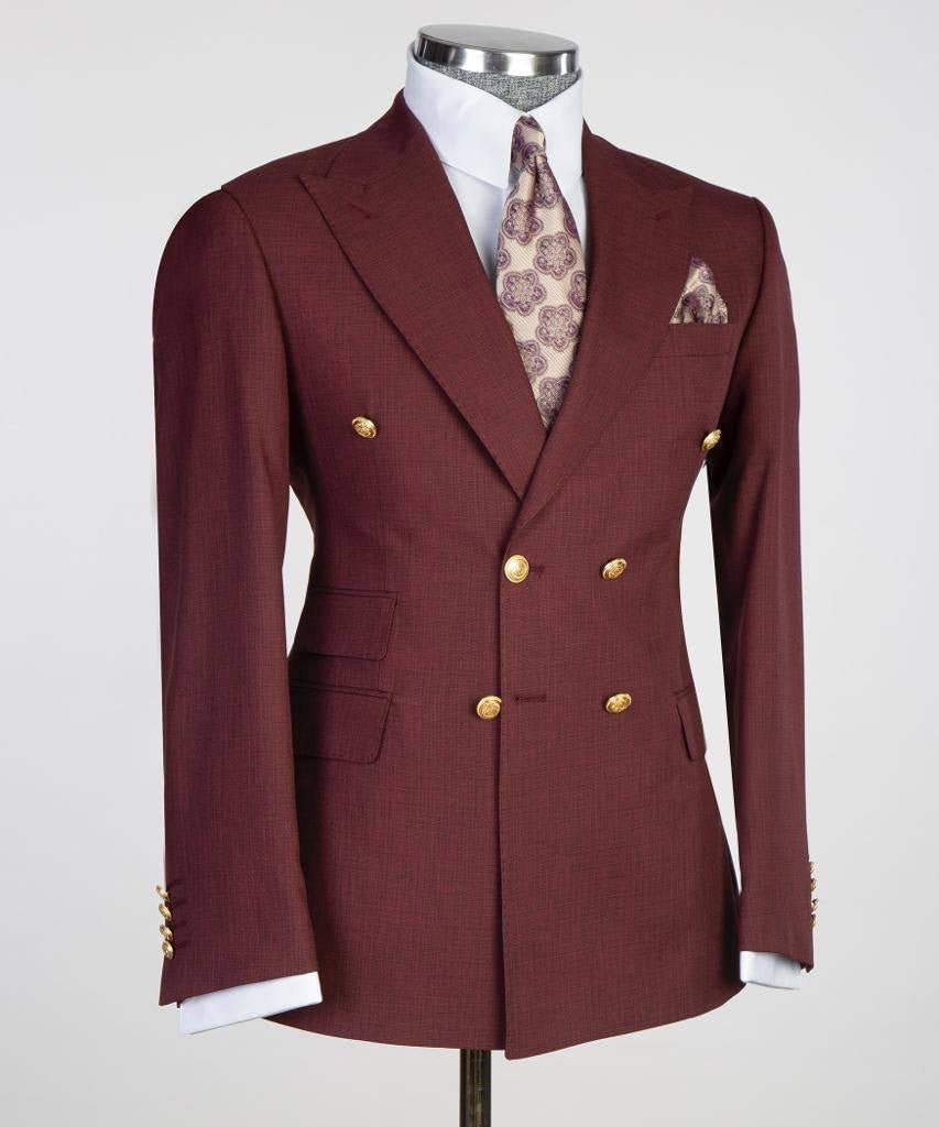 Double Breasted Burgundy Suit Peak Lapel 2pc