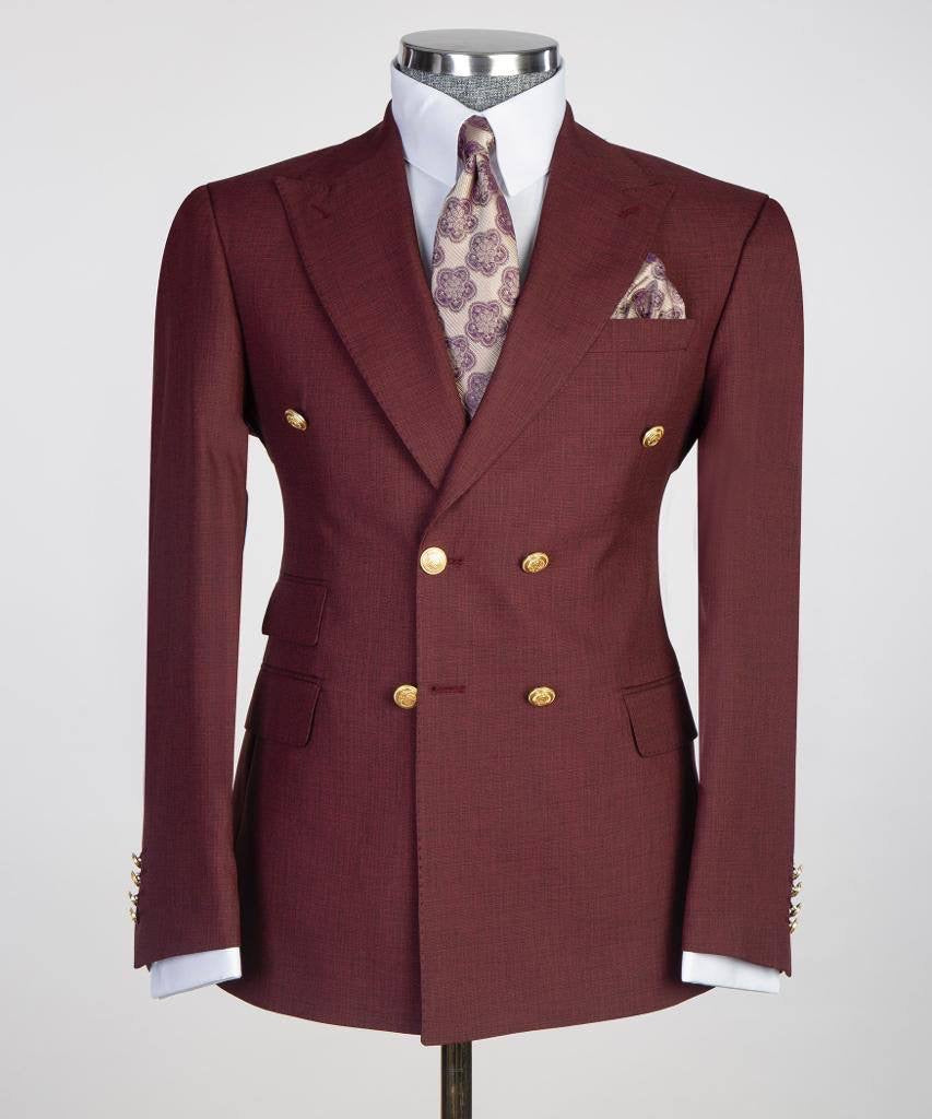 Double Breasted Burgundy Suit Peak Lapel 2pc