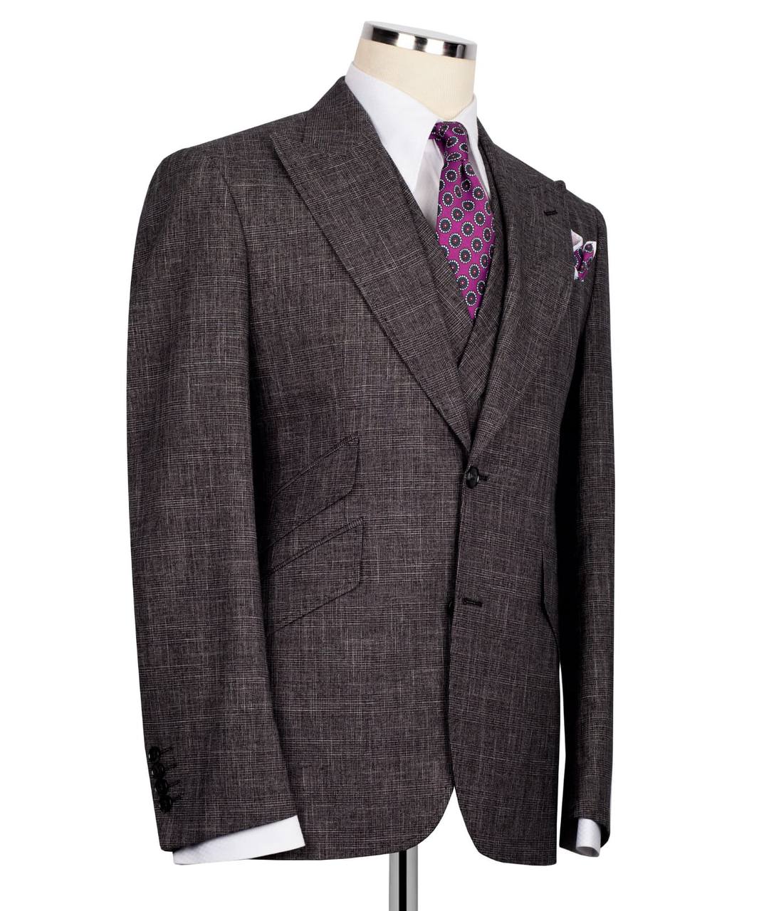 Classic 3-Piece Dark Grey Checkered Suit