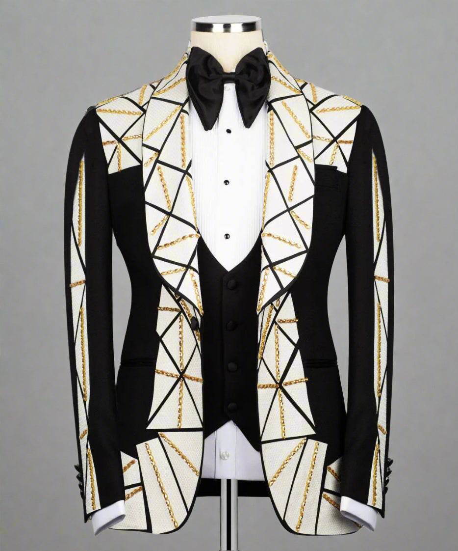 Luxury beaded tuxedo, crystal-embellished suit, men's designer tuxedo, wedding tuxedo set, black and white tuxedo, formal event suit, premium beaded jacket, rhinestone tuxedo, embroidered men's blazer.