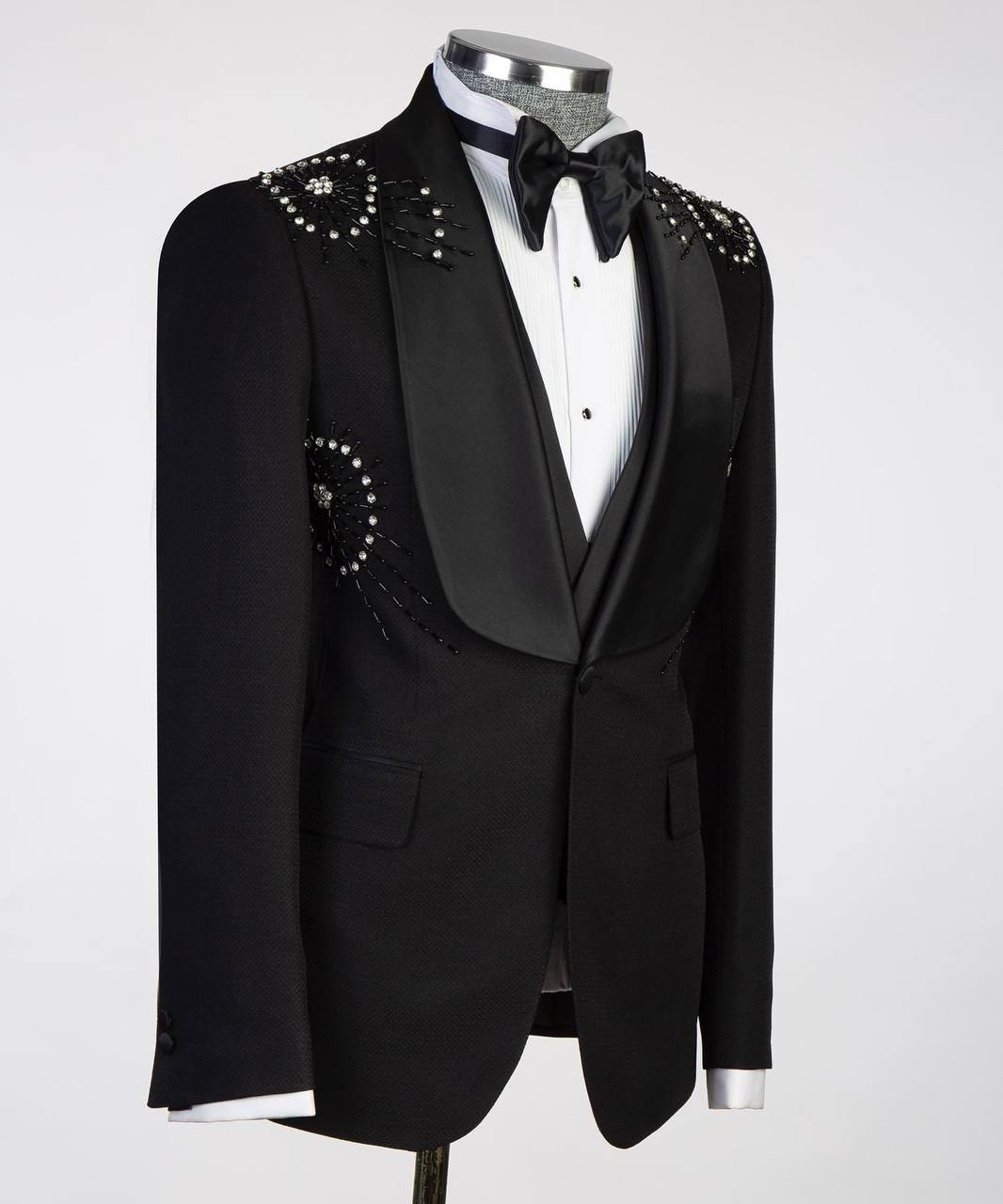 3 Piece Black Tuxedo with Beadwork on Shoulders