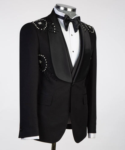 3 Piece Black Tuxedo with Beadwork on Shoulders