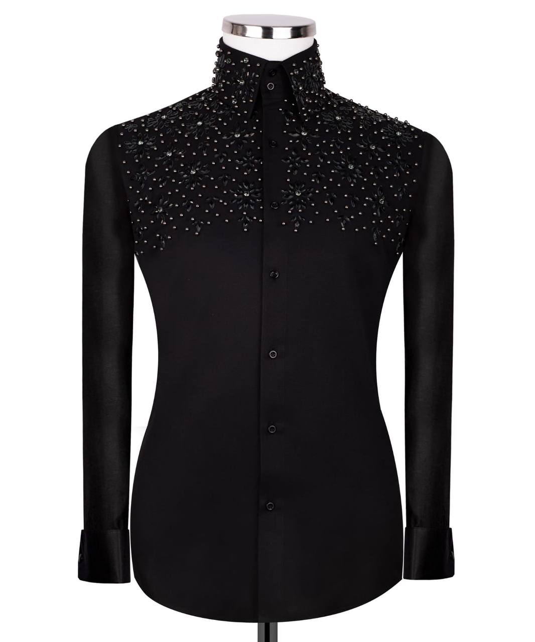 High Collar Beaded Exclusive Black Shirt