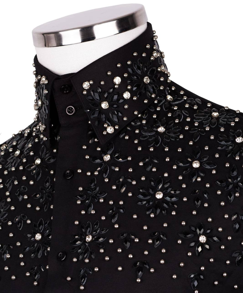 High Collar Beaded Exclusive Black Shirt