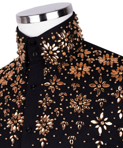 High Collar Beaded Exclusive Black Shirt with Gold Beads