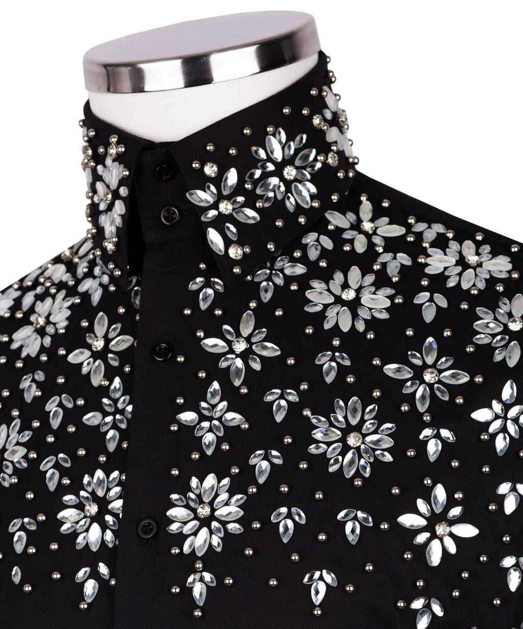 High Collar Beaded Exclusive Black Shirt