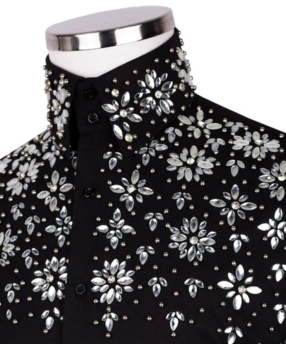 High Collar Beaded Exclusive Black Shirt