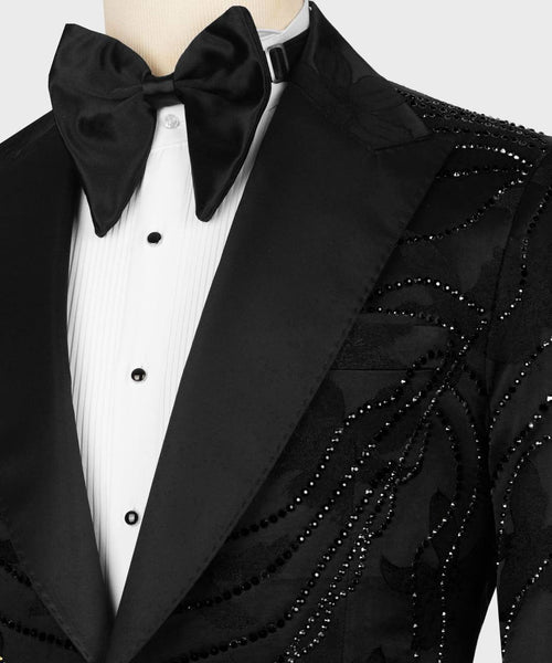 Schwarzer Smoking, dreiteilig, handgefertigter Blazer mit Perlenstickerei