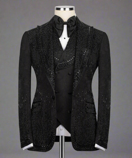 Luxury beaded tuxedo, crystal-embellished suit, men's designer tuxedo, wedding tuxedo set, black and white tuxedo, formal event suit, premium beaded jacket, rhinestone tuxedo, embroidered men's blazer.