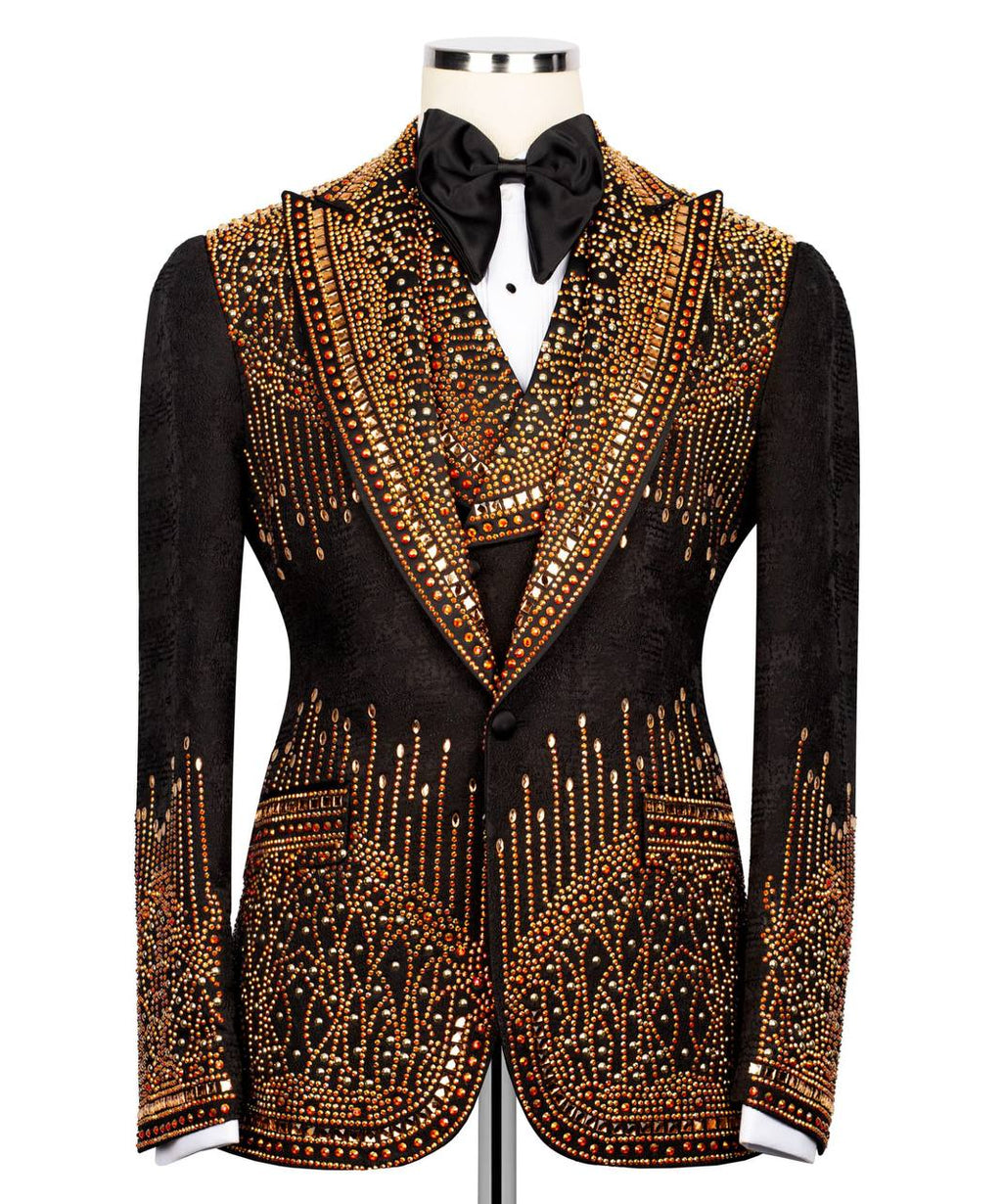 Black Tuxedo,3 Piece, Gold Beaded Blazer
