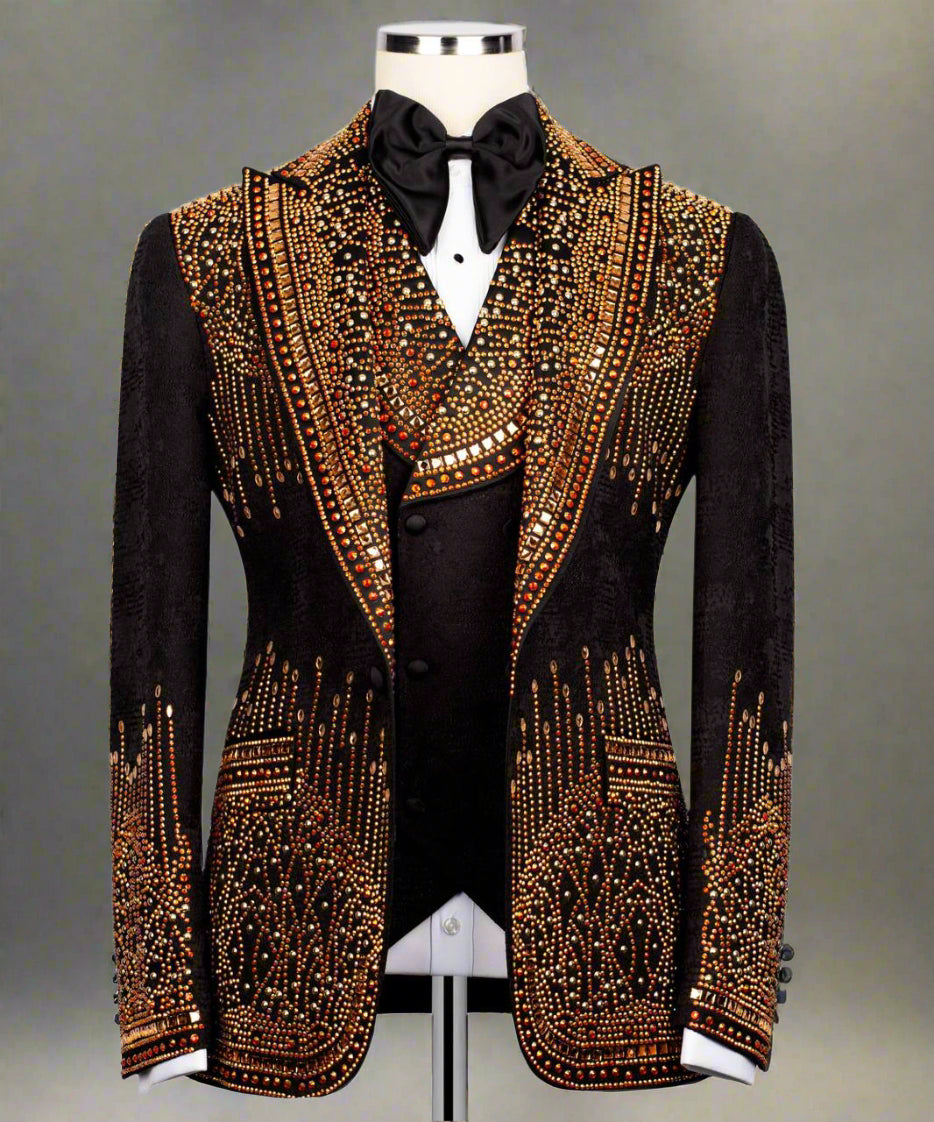 Black Tuxedo,3 Piece, Gold Beaded Blazer - Main Image