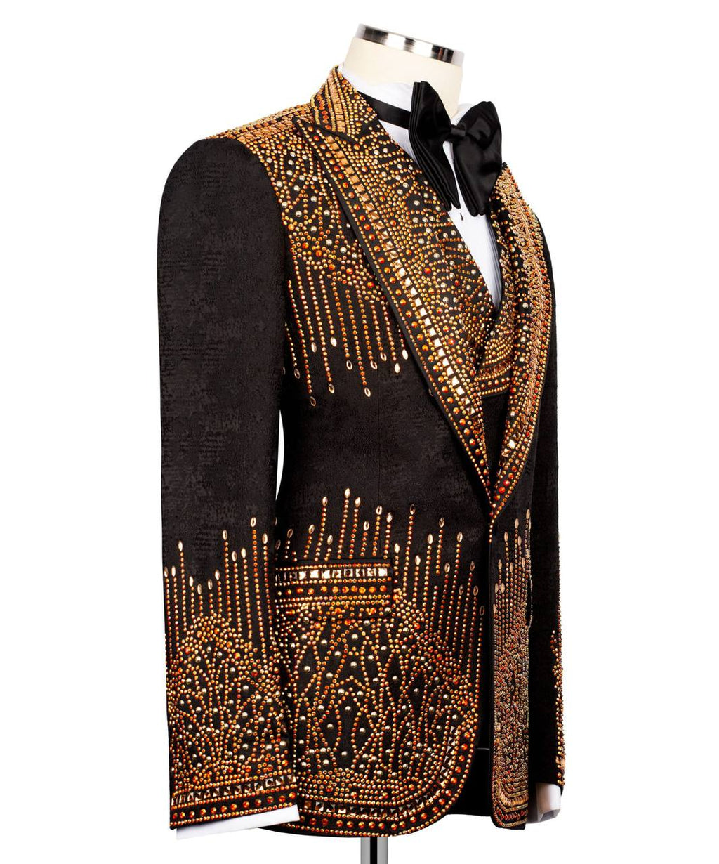 Black Tuxedo,3 Piece, Gold Beaded Blazer