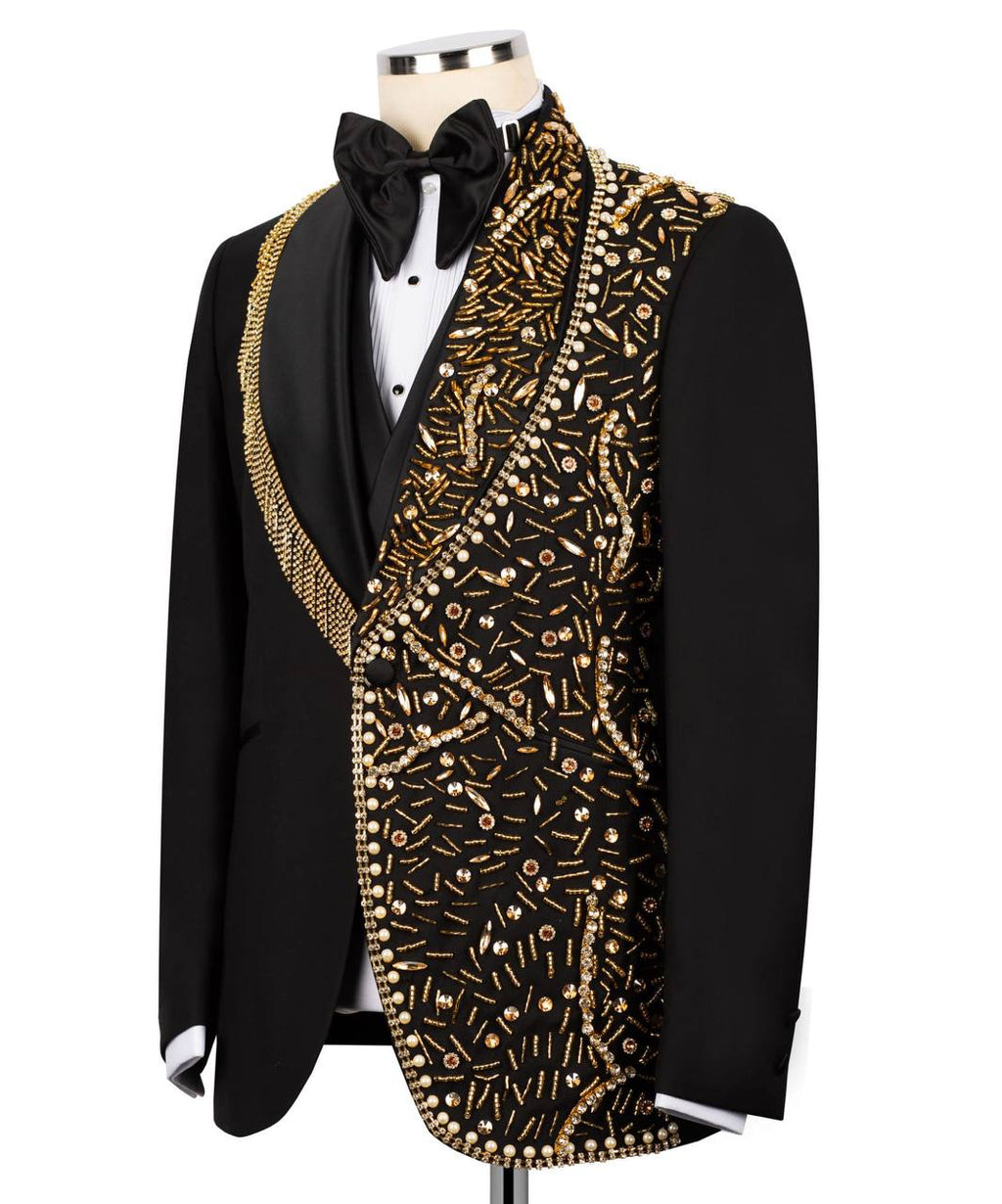 Black Tuxedo,3 Piece, Gold Beaded Blazer