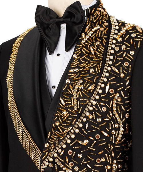 Schwarzer Smoking, dreiteilig, Blazer mit Goldperlen