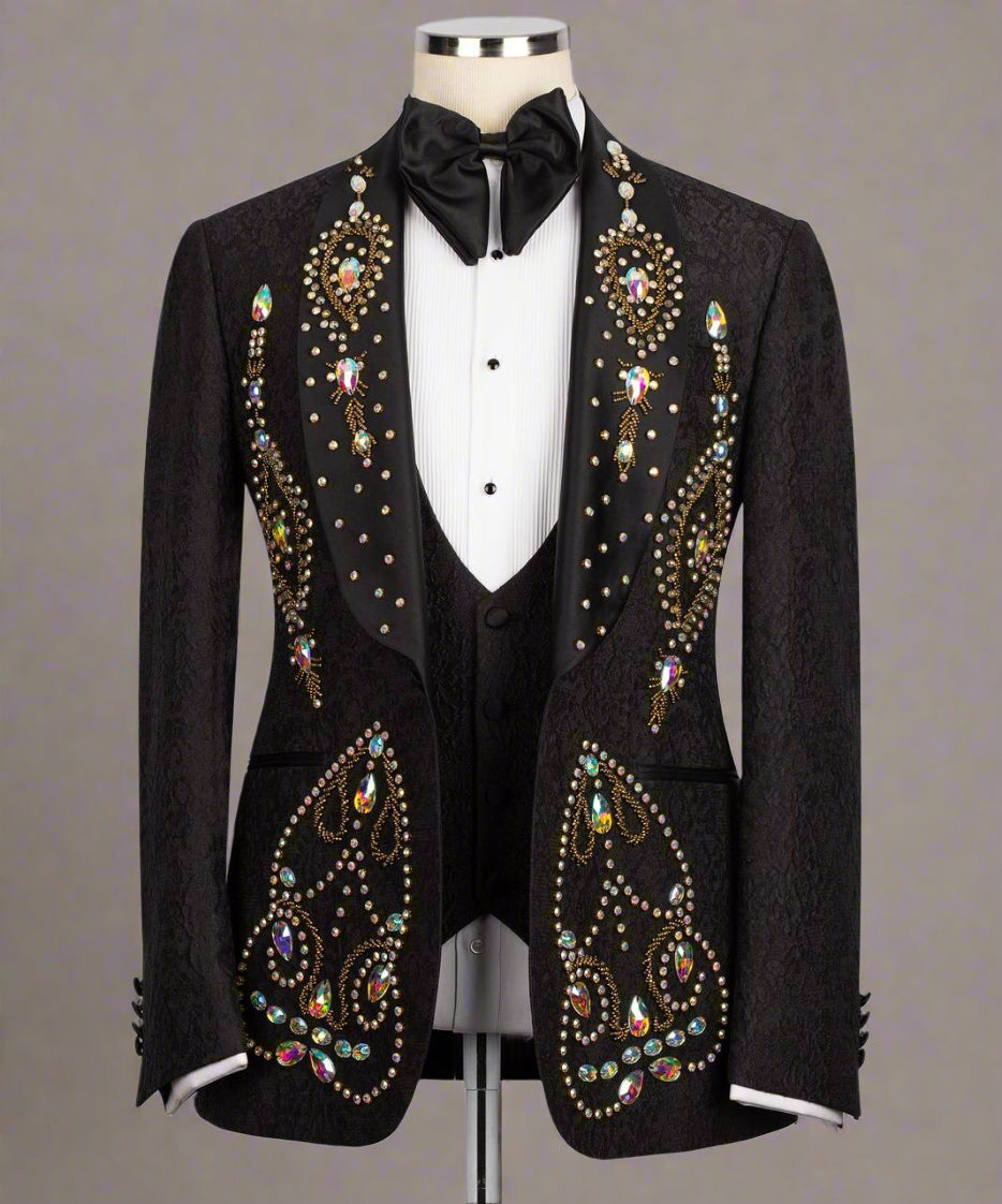 Schwarzer Smoking, 3-teilig, mit Schmucksteinen, bestickter Blazer