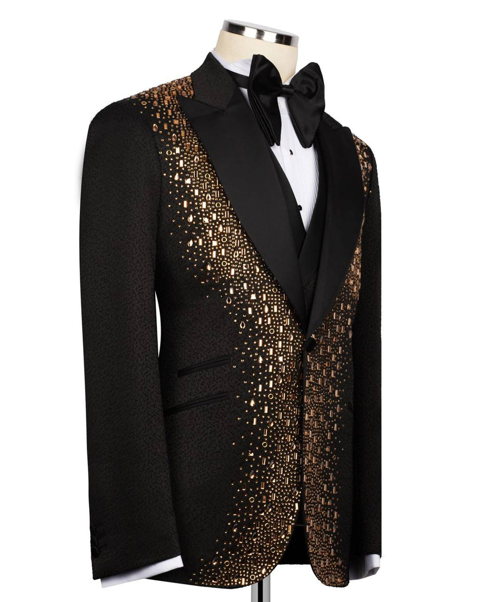 Black Tuxedo,3 Piece, Golden Beaded Blazer