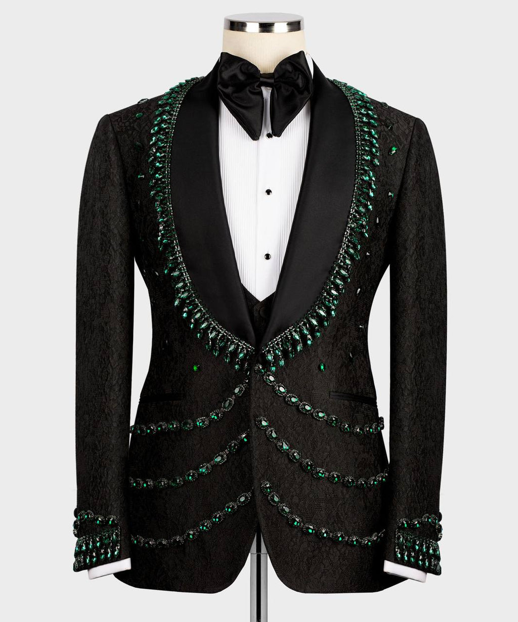 Black Tuxedo,3 Piece, Handcrafted with Green Beads