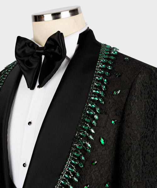 Black Tuxedo,3 Piece, Handcrafted with Green Beads