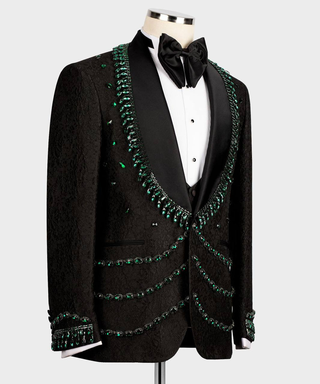 Black Tuxedo,3 Piece, Handcrafted with Green Beads