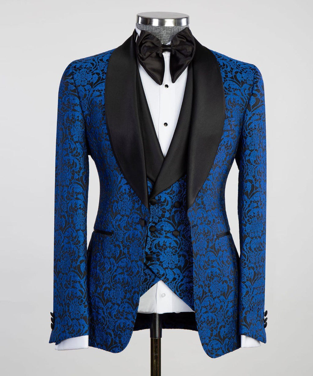 Men's 3 Piece Blue-Tuxedo Black Satin Lapel