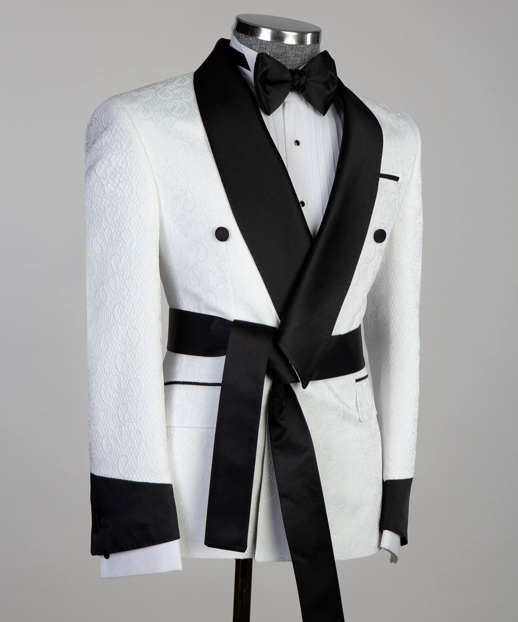 White Tuxedo with Black Collar,Belted