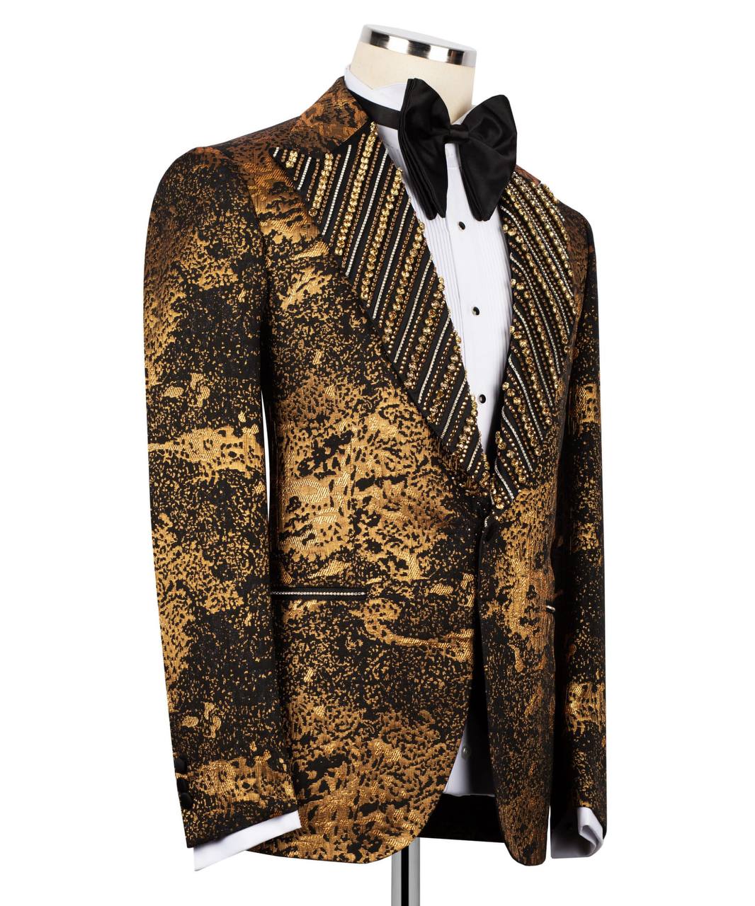 Gold And Black Tuxedo,3 Piece, Handcrafted with Golden Beads