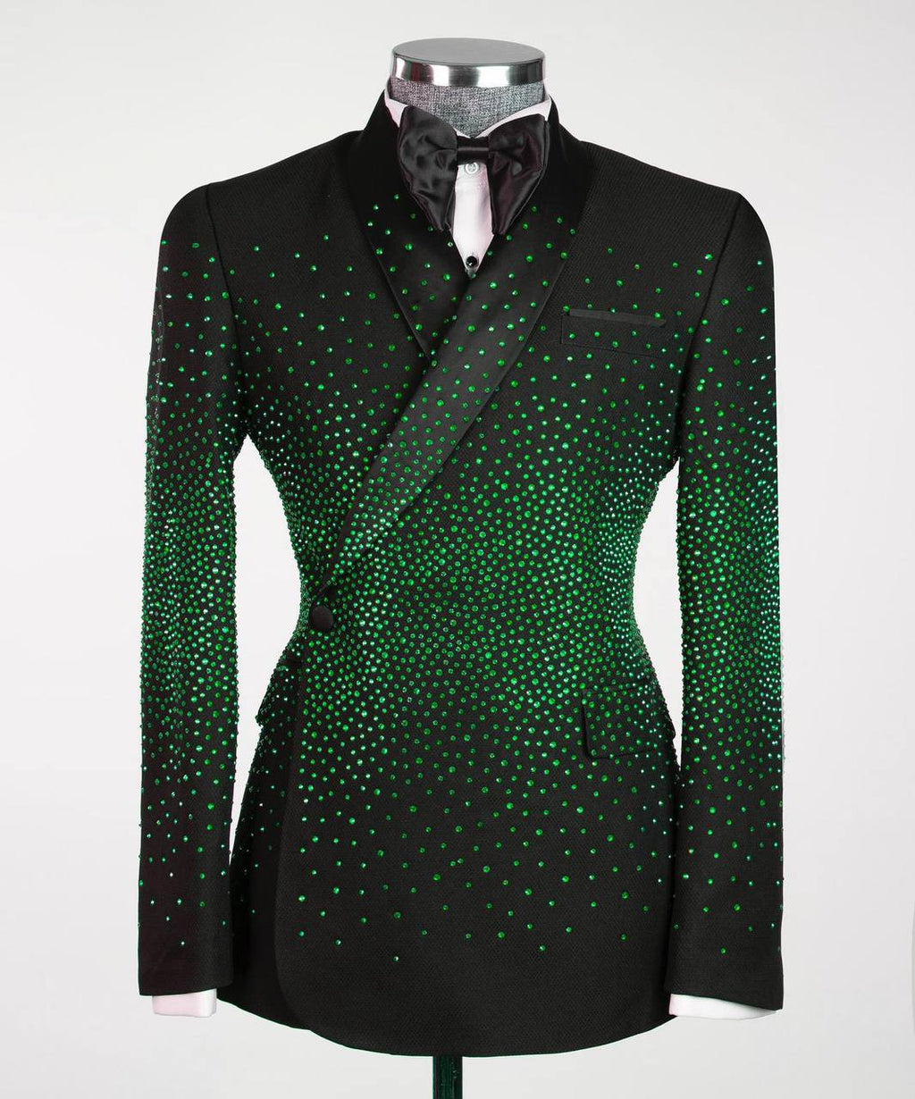 Men's Double Breasted Black Tuxedo, Green Stoned