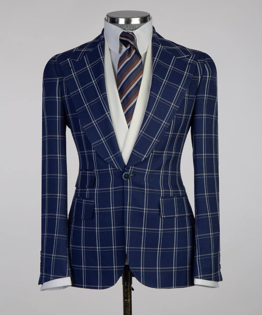 Plaid 3-Piece Suit-Navy