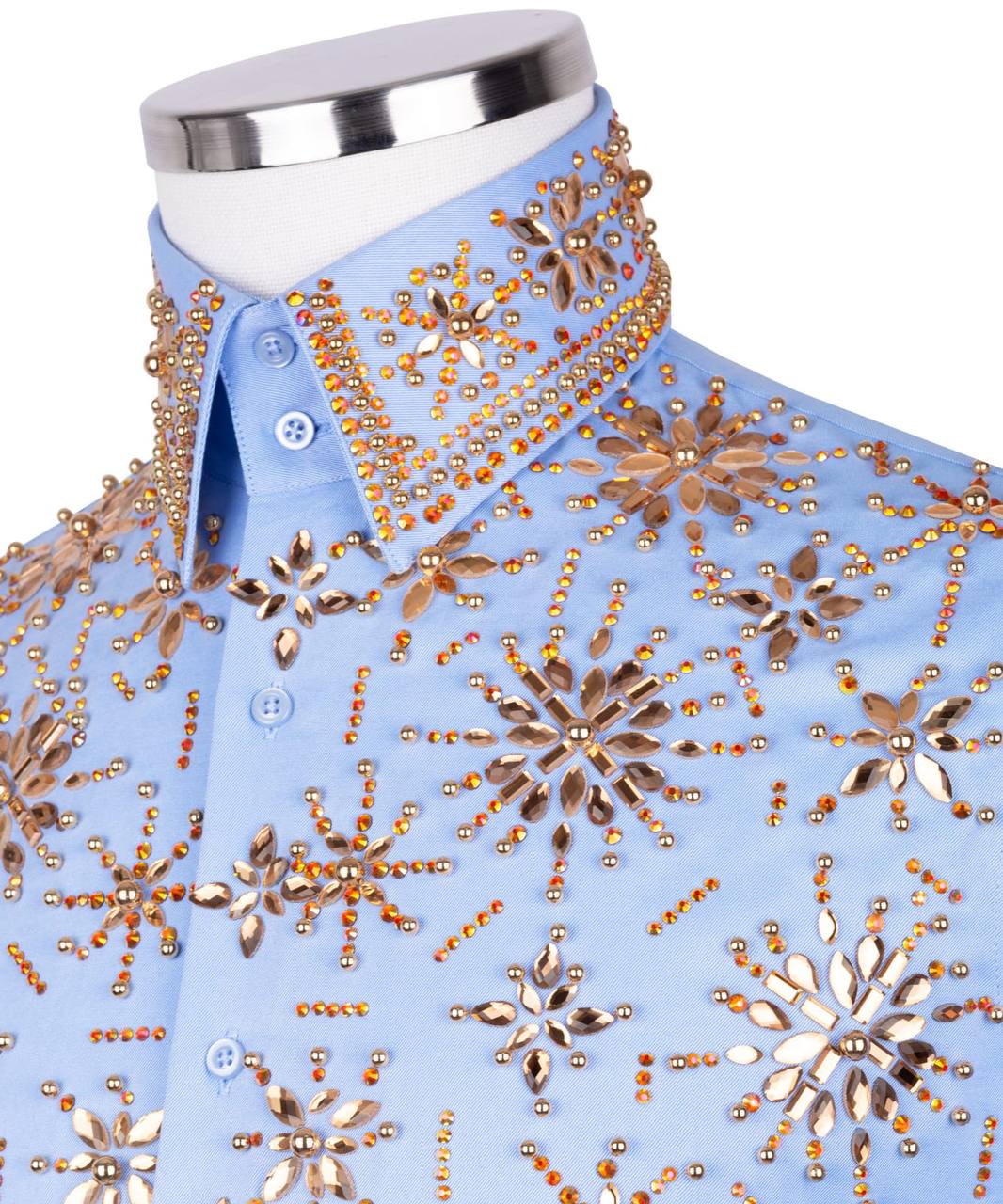 High Collar Beaded Exclusive Blue Shirt