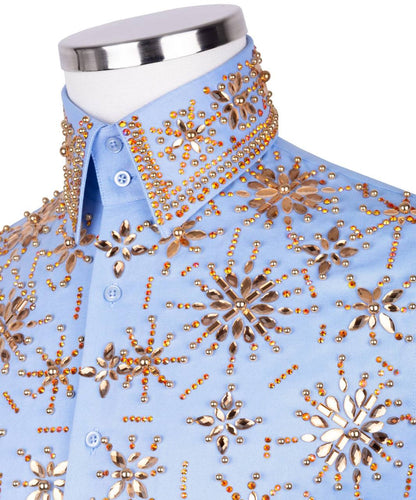 High Collar Beaded Exclusive Blue Shirt